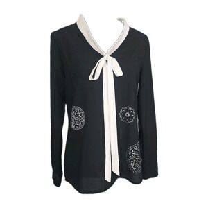 Desigual Women's Studded Long Sleeve Blouse Top Medium Black White Front Bow